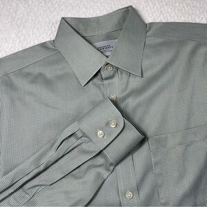 Charles Tyrwhitt Green And White Houndstooth Long Sleeve Dress Shirt Size 16.5